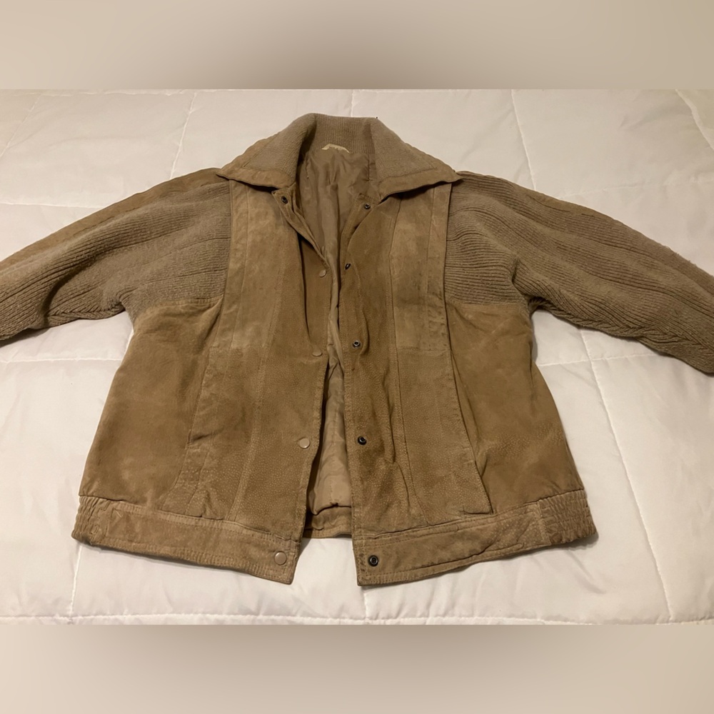 Vintage Suede Leather Jacket Medium Tan Knit Sleeve Bomber 90s Y2K Mixed Media